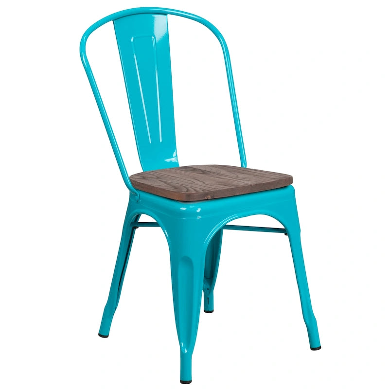 Chaise bistrot empilable style rustique moderne – Structure en métal thermolaqué avec assise en bois d'orme