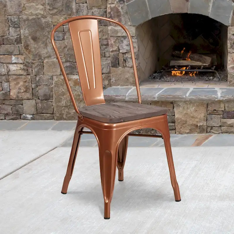 Chaise bistrot empilable style rustique moderne – Structure en métal thermolaqué avec assise en bois d'orme