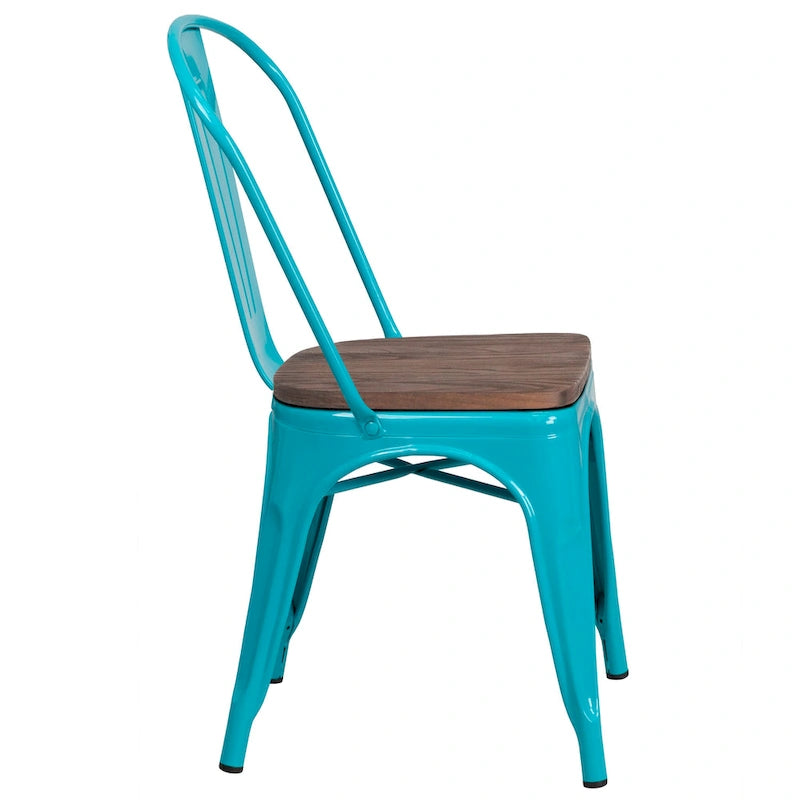 Chaise bistrot empilable style rustique moderne – Structure en métal thermolaqué avec assise en bois d'orme