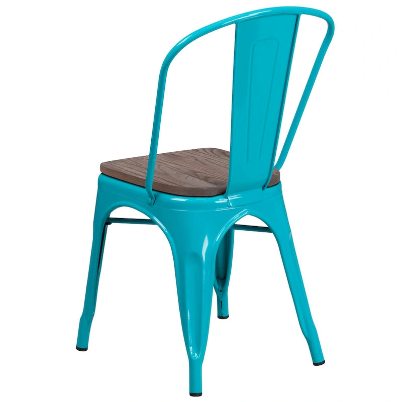 Chaise bistrot empilable style rustique moderne – Structure en métal thermolaqué avec assise en bois d'orme