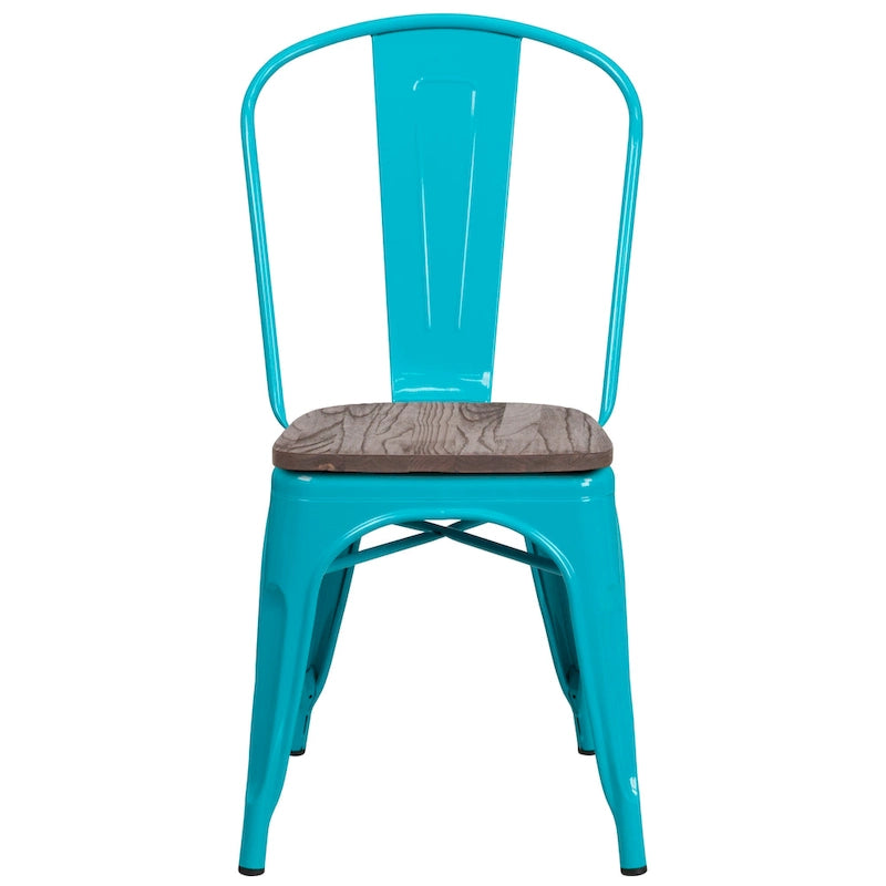 Chaise bistrot empilable style rustique moderne – Structure en métal thermolaqué avec assise en bois d'orme