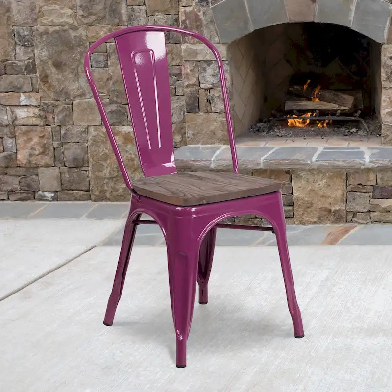 Chaise bistrot empilable style rustique moderne – Structure en métal thermolaqué avec assise en bois d'orme