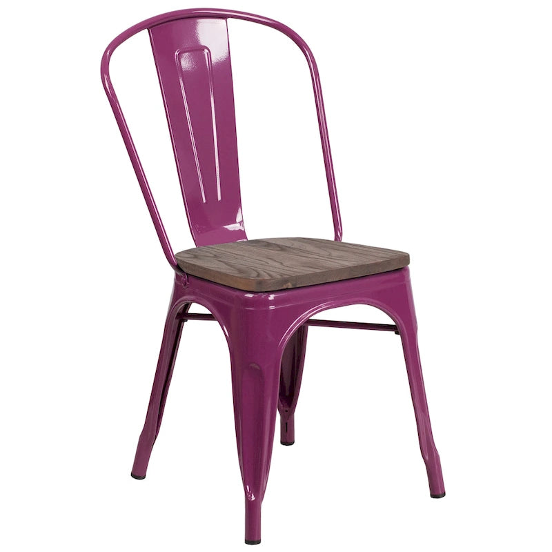 Chaise bistrot empilable style rustique moderne – Structure en métal thermolaqué avec assise en bois d'orme