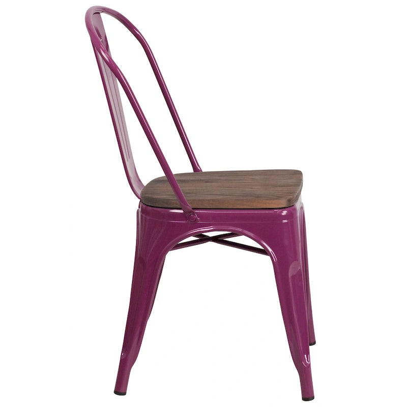 Chaise bistrot empilable style rustique moderne – Structure en métal thermolaqué avec assise en bois d'orme