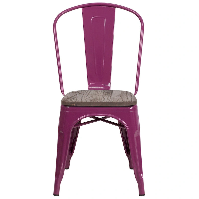 Chaise bistrot empilable style rustique moderne – Structure en métal thermolaqué avec assise en bois d'orme