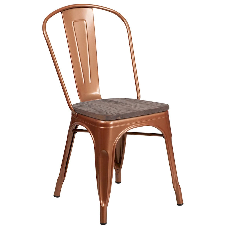 Chaise bistrot empilable style rustique moderne – Structure en métal thermolaqué avec assise en bois d'orme