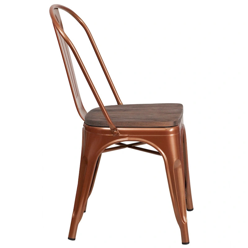 Chaise bistrot empilable style rustique moderne – Structure en métal thermolaqué avec assise en bois d'orme
