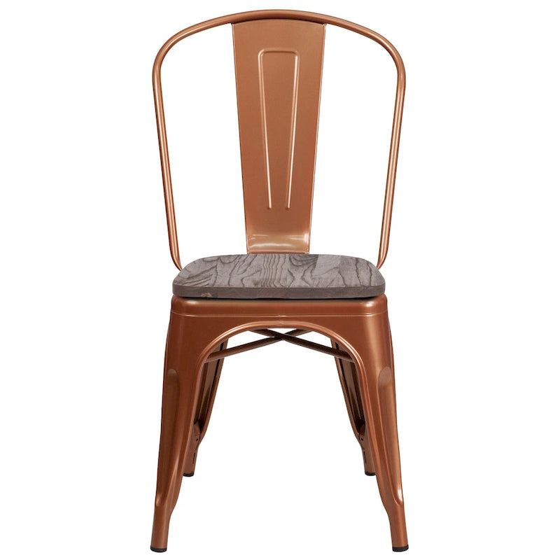 Chaise bistrot empilable style rustique moderne – Structure en métal thermolaqué avec assise en bois d'orme