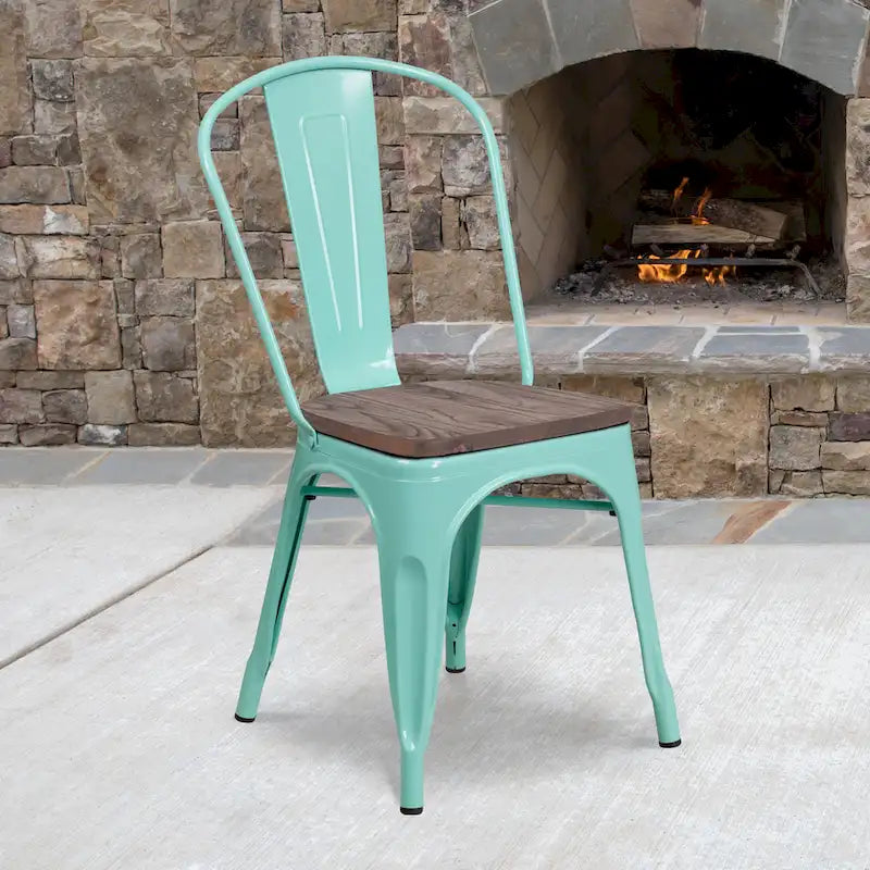 Chaise bistrot empilable style rustique moderne – Structure en métal thermolaqué avec assise en bois d'orme