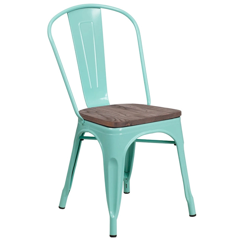 Chaise bistrot empilable style rustique moderne – Structure en métal thermolaqué avec assise en bois d'orme