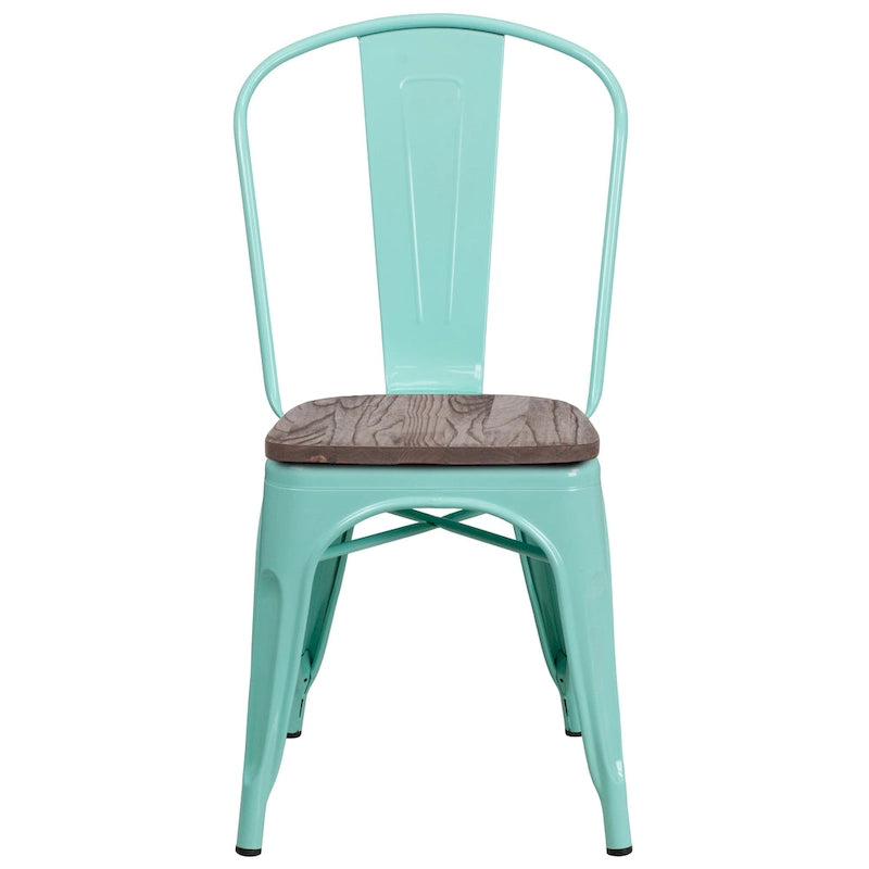 Chaise bistrot empilable style rustique moderne – Structure en métal thermolaqué avec assise en bois d'orme