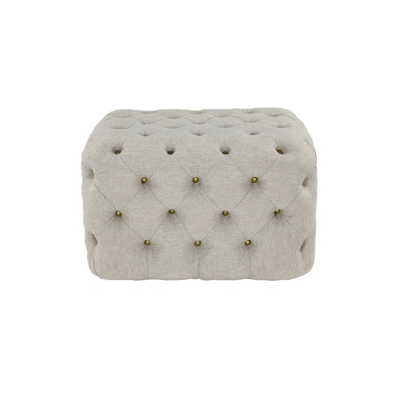 Pouffe traditionnel en lin touffeté – Tissu beige avec ferrures en laiton et pieds noirs