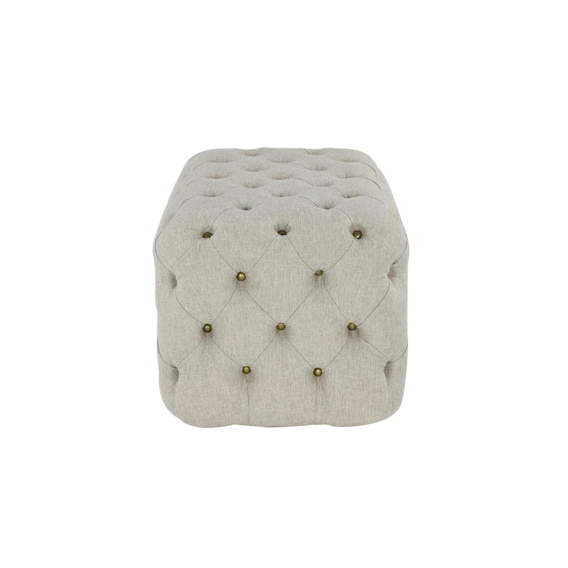 Pouffe traditionnel en lin touffeté – Tissu beige avec ferrures en laiton et pieds noirs