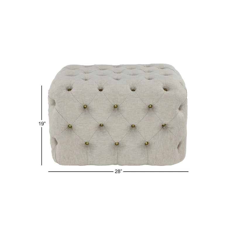 Pouffe traditionnel en lin touffeté – Tissu beige avec ferrures en laiton et pieds noirs