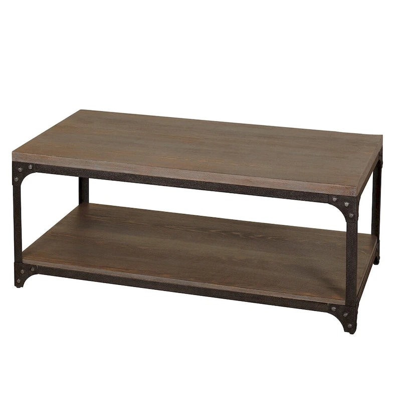Table basse industrielle vintage – Gris patiné, clous décoratifs et étagère ouverte