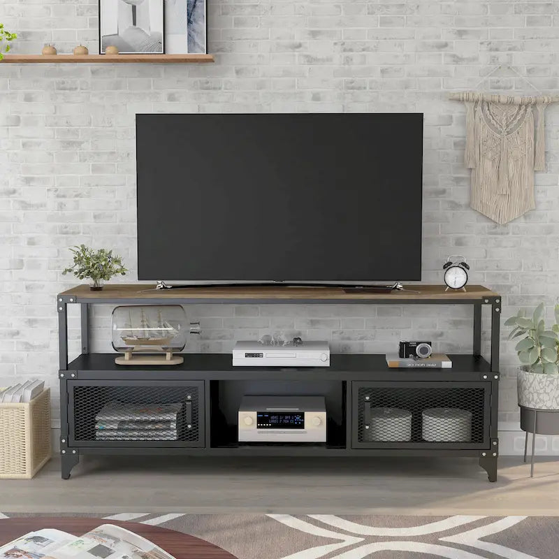 Meuble TV Urbain Industriel – Cadre en Acier de 178 cm avec Portes en Treillis Métallique et Plateau Noyer Foncé