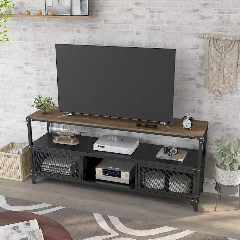 Meuble TV Urbain Industriel – Cadre en Acier de 178 cm avec Portes en Treillis Métallique et Plateau Noyer Foncé