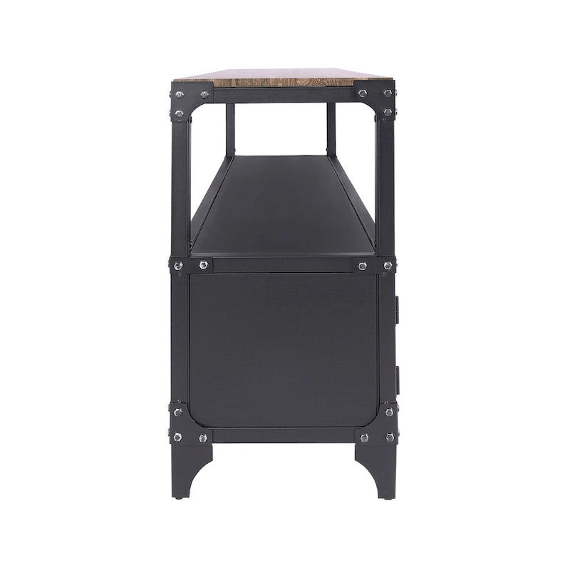 Meuble TV Urbain Industriel – Cadre en Acier de 178 cm avec Portes en Treillis Métallique et Plateau Noyer Foncé