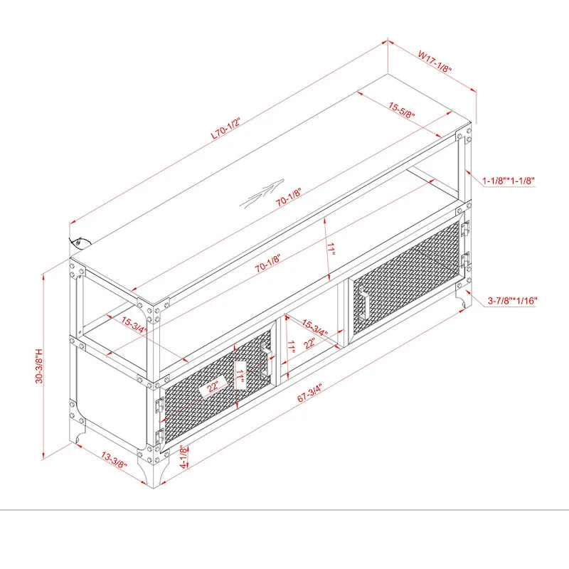 Meuble TV Urbain Industriel – Cadre en Acier de 178 cm avec Portes en Treillis Métallique et Plateau Noyer Foncé