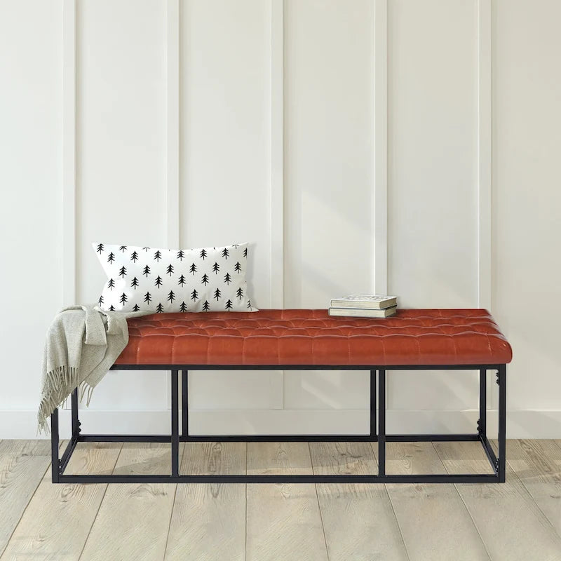 Banc d'appoint industriel moderne capitonné – Assise en similicuir avec structure géométrique en métal