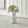 Table d'appoint ronde à piédestal sculpté de style européen – Placage de peuplier et de chêne blanc avec finition antique