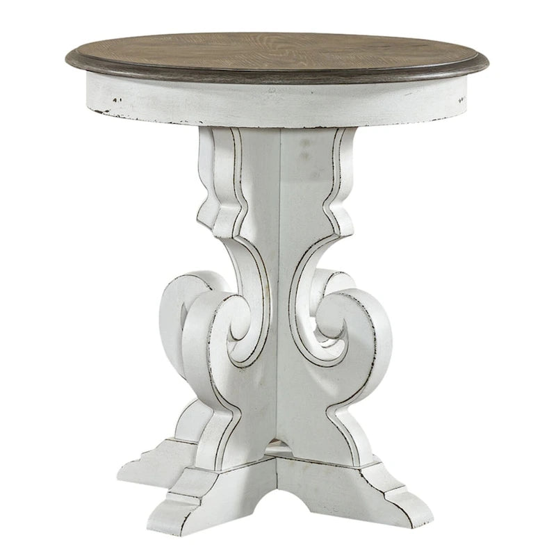 Table d'appoint ronde à piédestal sculpté de style européen – Placage de peuplier et de chêne blanc avec finition antique