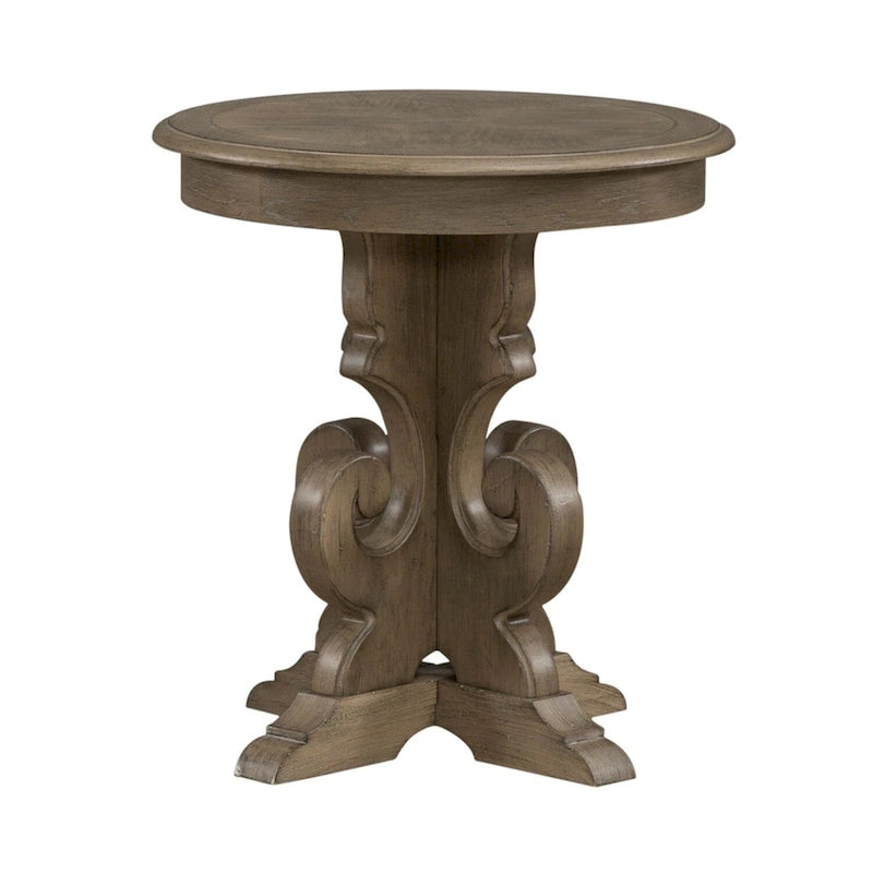 Table d'appoint ronde à piédestal sculpté de style européen – Placage de peuplier et de chêne blanc avec finition antique