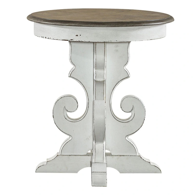 Table d'appoint ronde à piédestal sculpté de style européen – Placage de peuplier et de chêne blanc avec finition antique