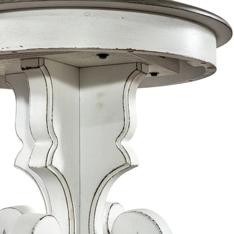 Table d'appoint ronde à piédestal sculpté de style européen – Placage de peuplier et de chêne blanc avec finition antique