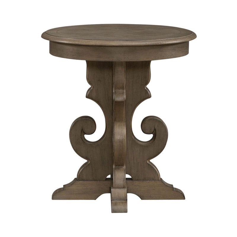 Table d'appoint ronde à piédestal sculpté de style européen – Placage de peuplier et de chêne blanc avec finition antique