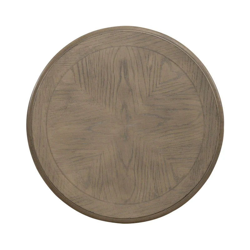 Table d'appoint ronde à piédestal sculpté de style européen – Placage de peuplier et de chêne blanc avec finition antique