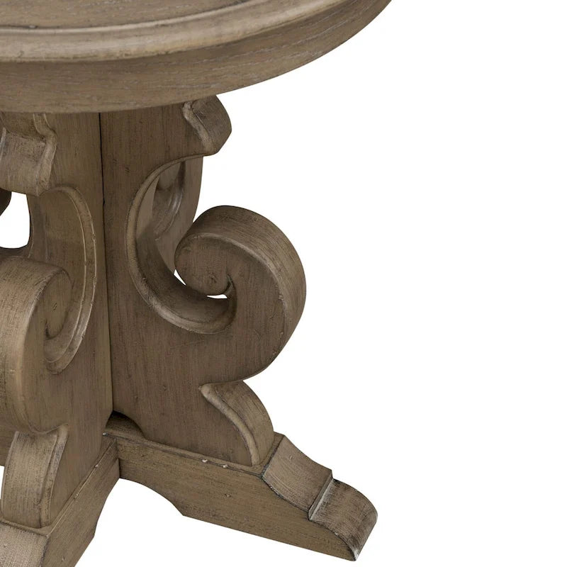 Table d'appoint ronde à piédestal sculpté de style européen – Placage de peuplier et de chêne blanc avec finition antique