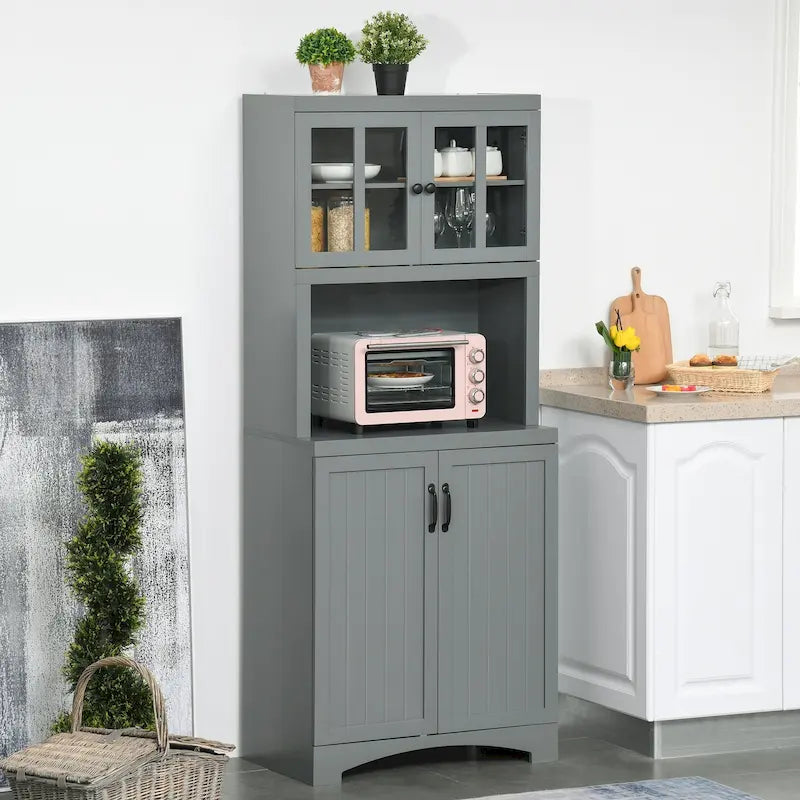 Buffet de cuisine contemporain – Armoire de rangement 178 cm avec portes vitrées et espace micro-ondes
