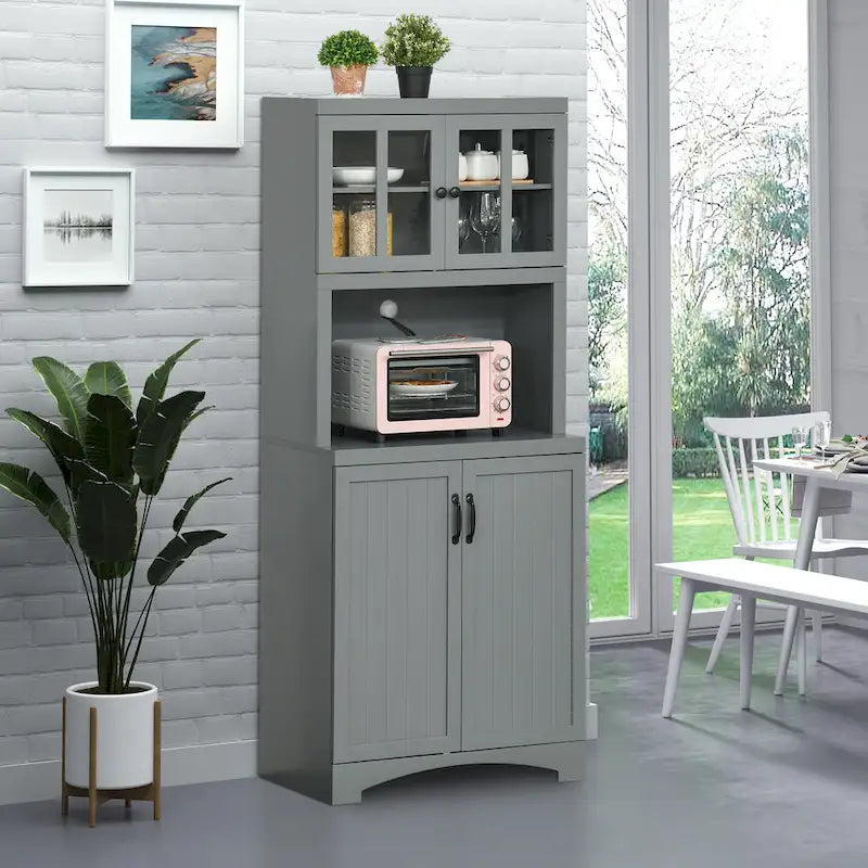 Buffet de cuisine contemporain – Armoire de rangement 178 cm avec portes vitrées et espace micro-ondes