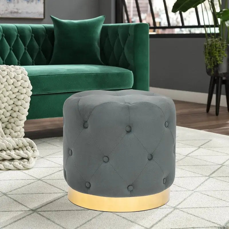 Pouf Rond en Velours Glam – Base Plaqué Or, 5 Couleurs