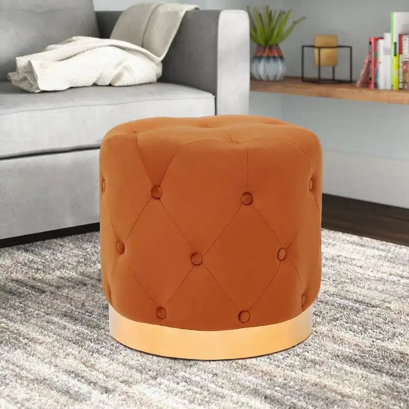 Pouf Rond en Velours Glam – Base Plaqué Or, 5 Couleurs