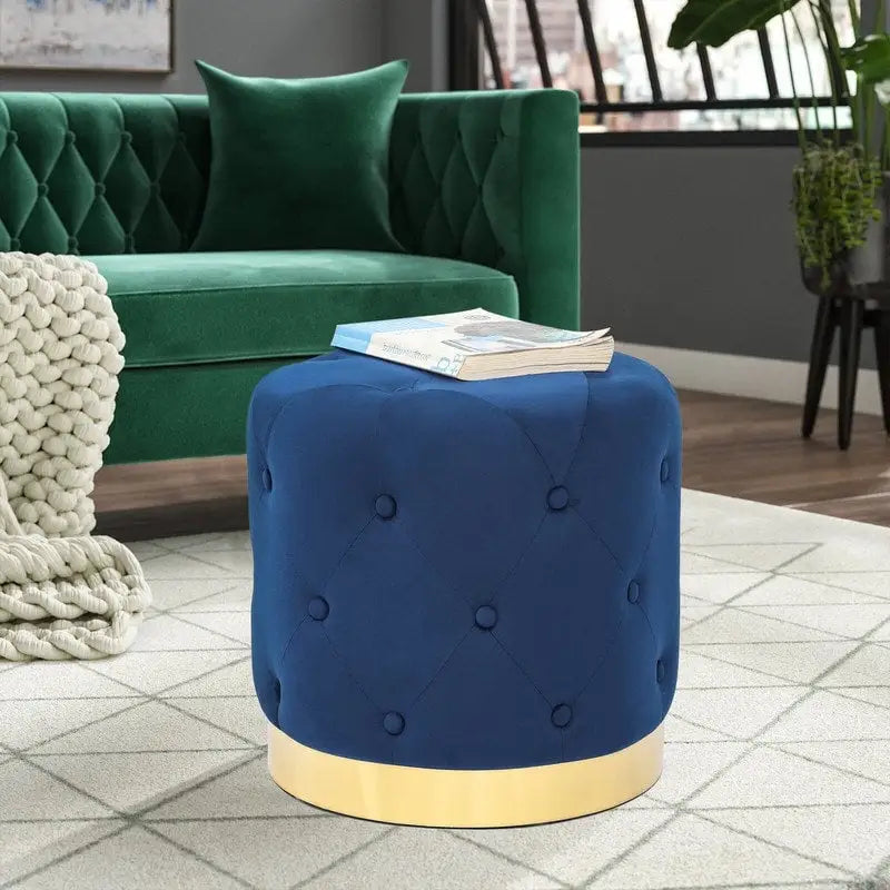 Adeco Round Velvet Ottoman Vanity Footrest Stool Gold Plating Base