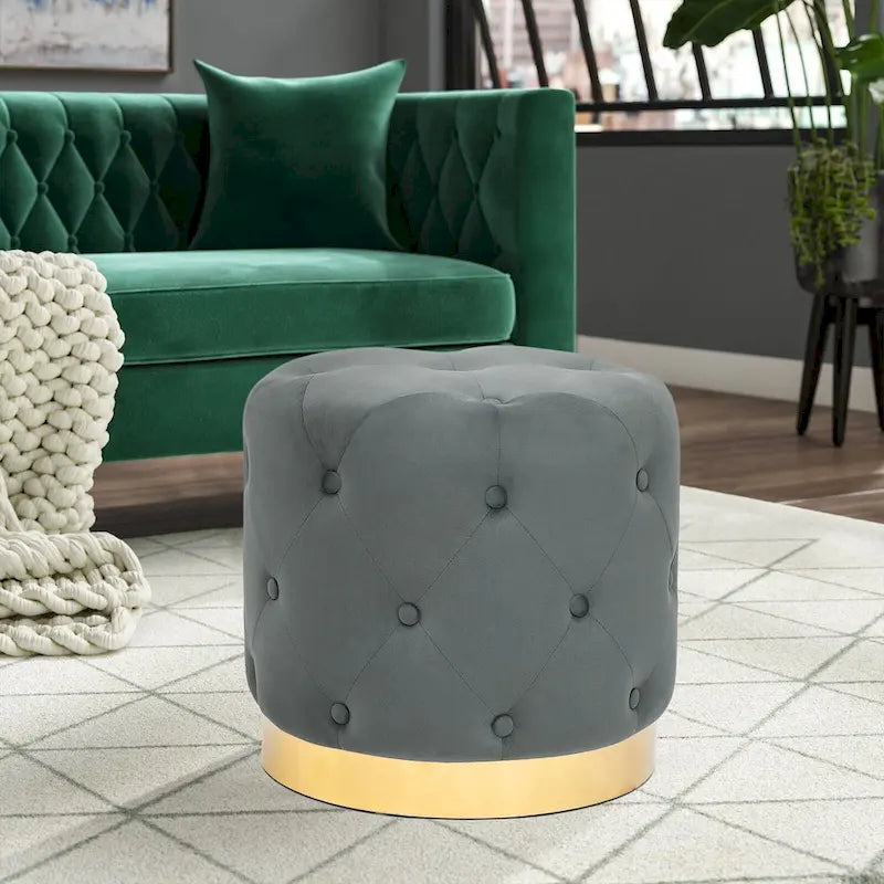 Pouf Rond en Velours Glam – Base Plaqué Or, 5 Couleurs