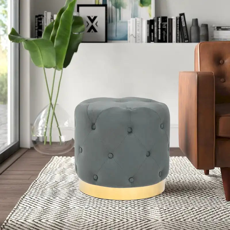 Pouf Rond en Velours Glam – Base Plaqué Or, 5 Couleurs