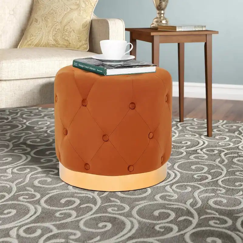 Pouf Rond en Velours Glam – Base Plaqué Or, 5 Couleurs
