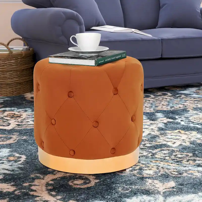 Pouf Rond en Velours Glam – Base Plaqué Or, 5 Couleurs