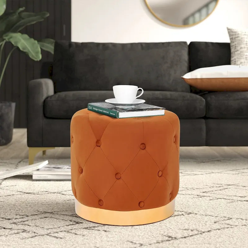 Pouf Rond en Velours Glam – Base Plaqué Or, 5 Couleurs