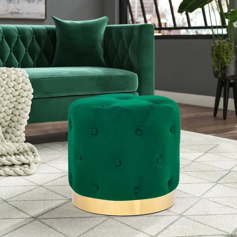 Pouf Rond en Velours Glam – Base Plaqué Or, 5 Couleurs