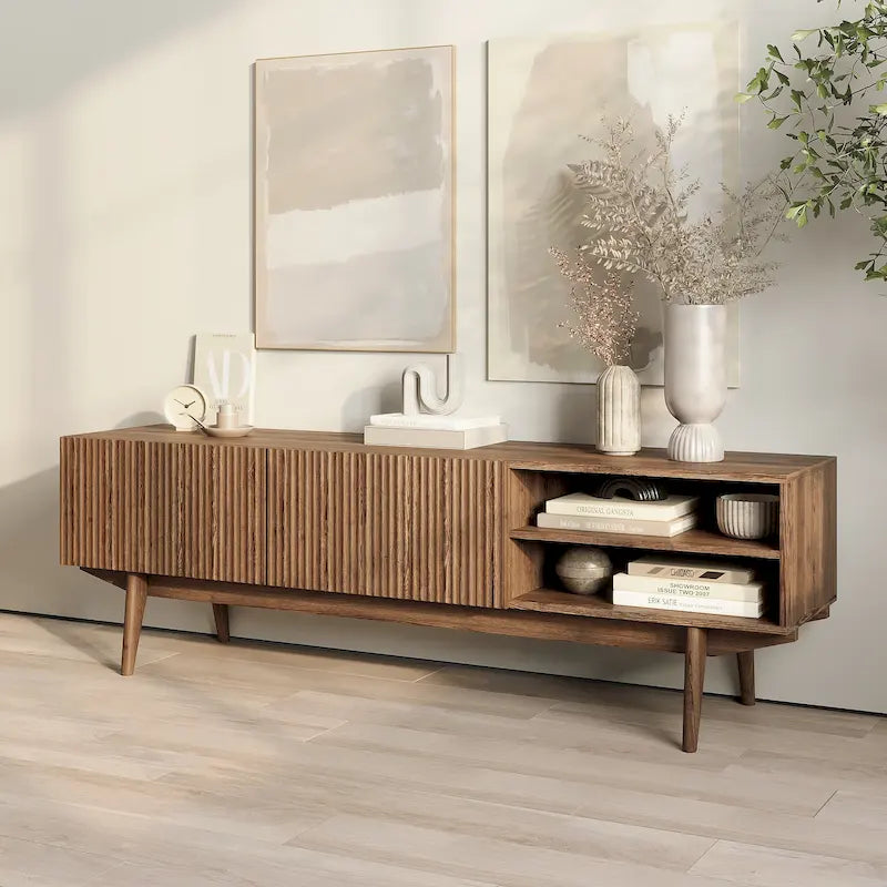 Meuble TV Mid-Century – Pieds en bois massif, Rangement à ouverture par pression, 3 Tailles