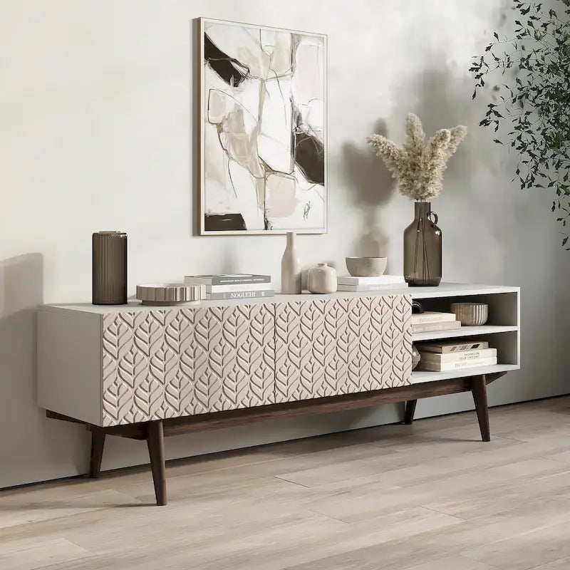 Meuble TV Mid-Century – Pieds en bois massif, Rangement à ouverture par pression, 3 Tailles