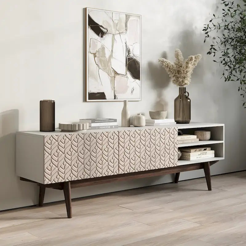 Meuble TV Mid-Century – Pieds en bois massif, Rangement à ouverture par pression, 3 Tailles