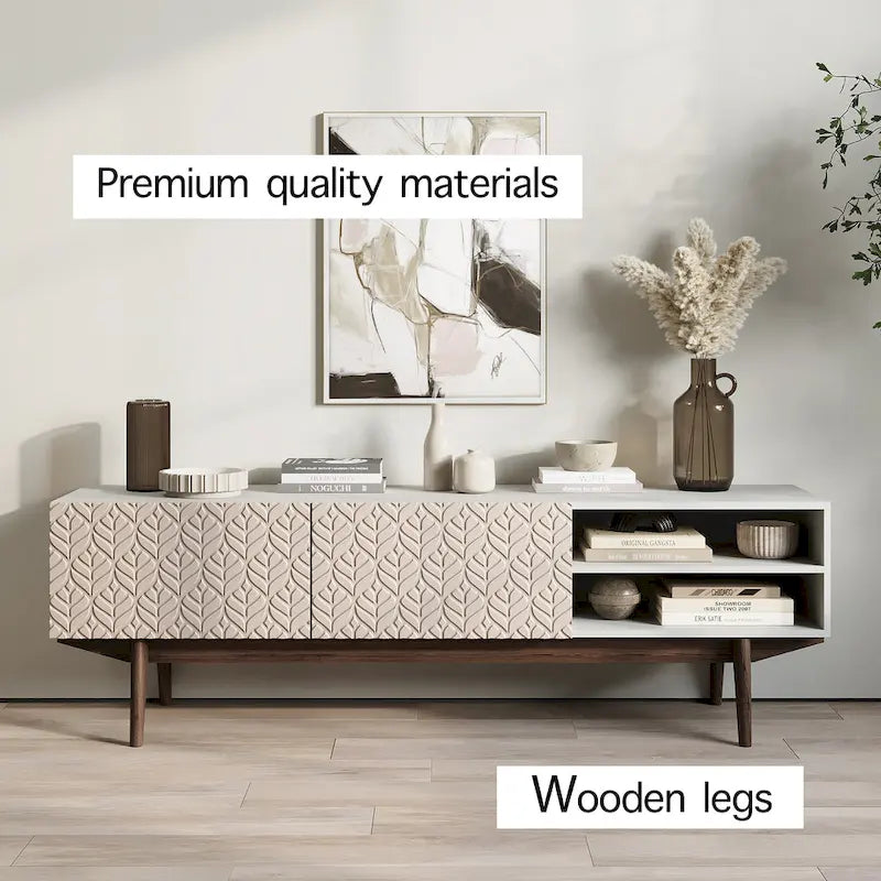 Meuble TV Mid-Century – Pieds en bois massif, Rangement à ouverture par pression, 3 Tailles