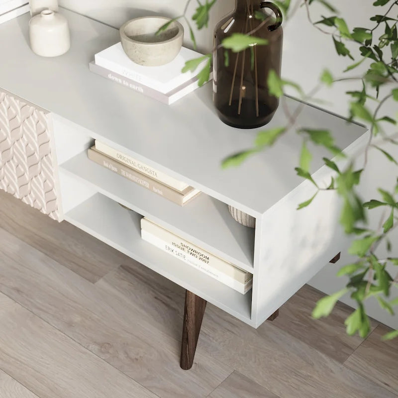 Meuble TV Mid-Century – Pieds en bois massif, Rangement à ouverture par pression, 3 Tailles