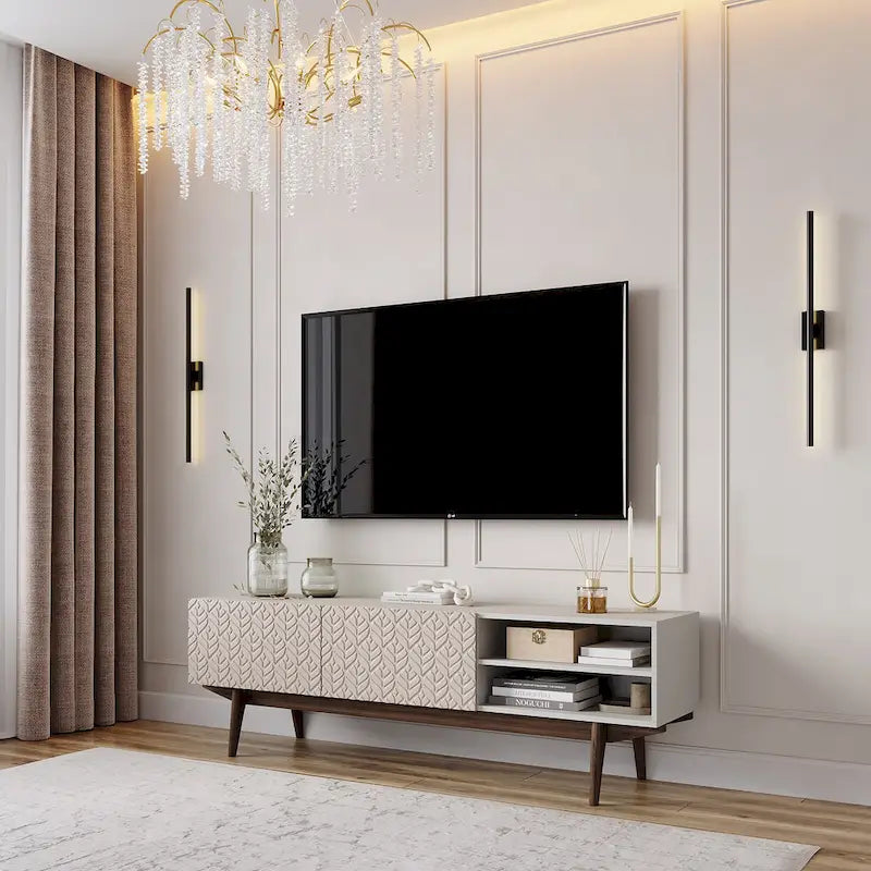 Meuble TV Mid-Century – Pieds en bois massif, Rangement à ouverture par pression, 3 Tailles