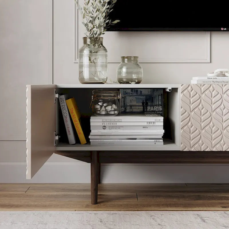 Meuble TV Mid-Century – Pieds en bois massif, Rangement à ouverture par pression, 3 Tailles